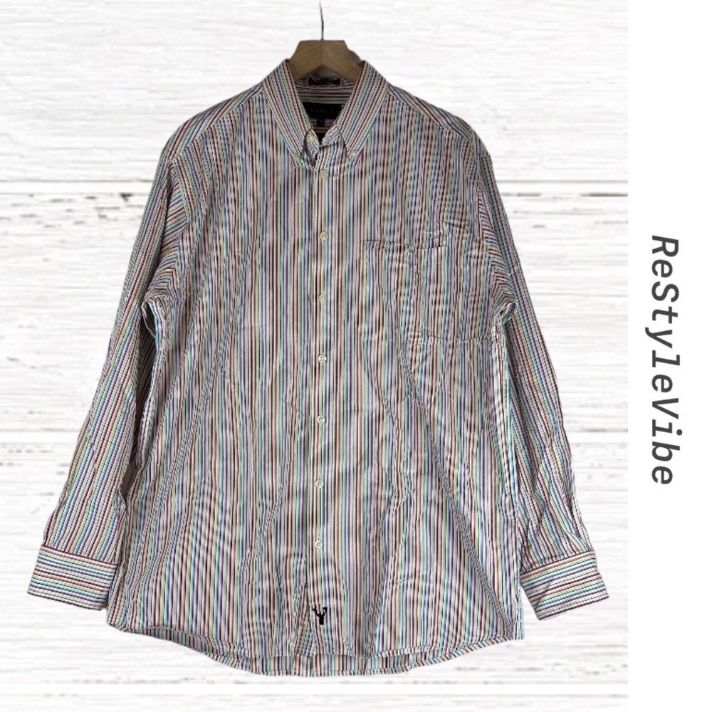 VIYELLA BRAND Men’s Size L Shirt Button Down Striped Rainbow 100% Cotton Colors